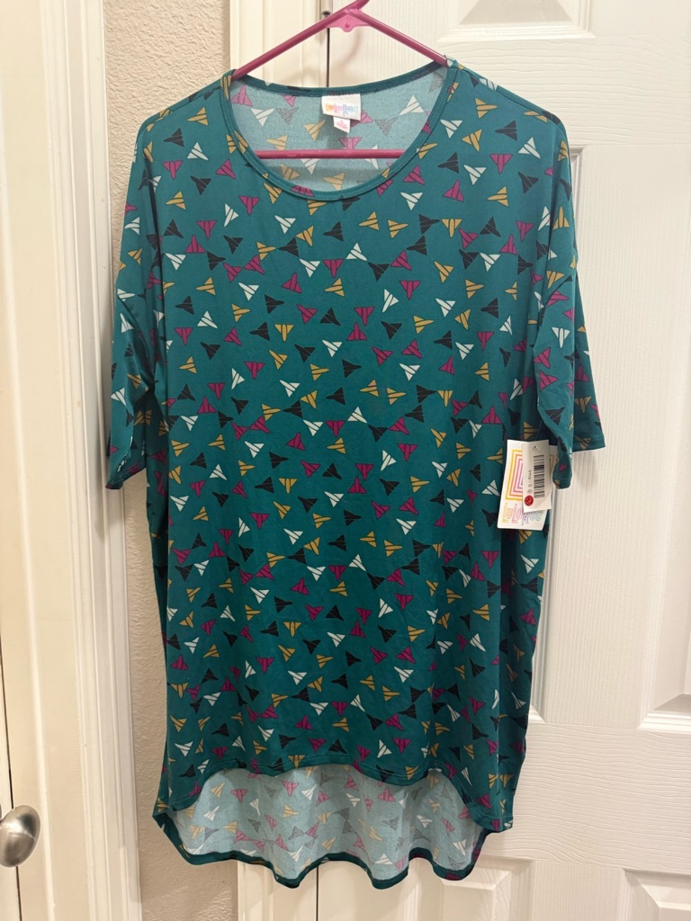 LuLaRoe Teal Irma Tunic with Multicolor Triangle Motif